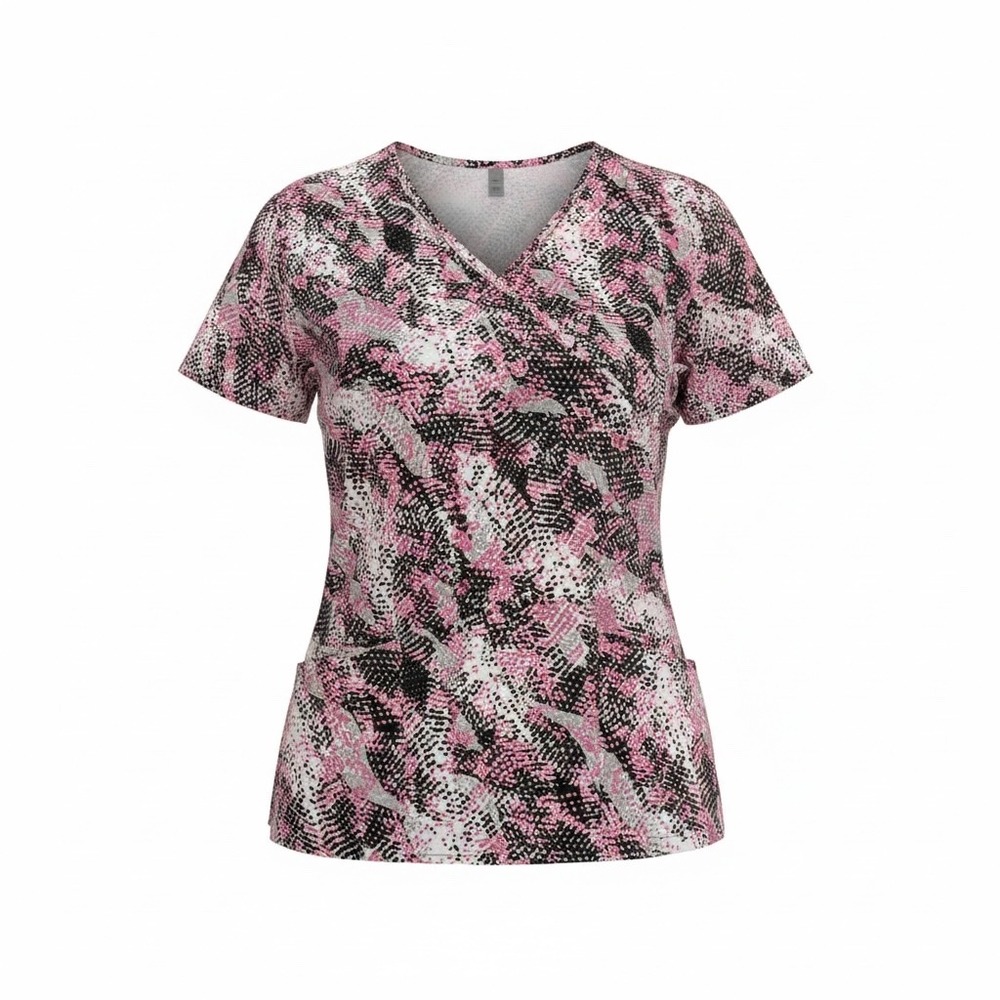FLEX Womens Scrub Top V Neck Abstract Pink Black White Grey Size Medium‎